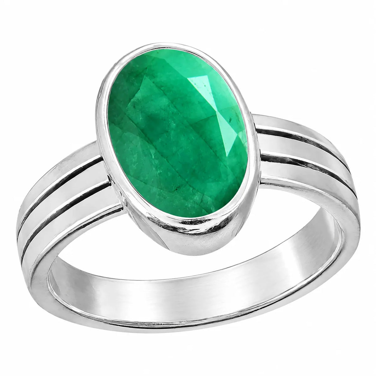 Emerald Panna Oval Triple-Band Gemstone Ring in Silver
